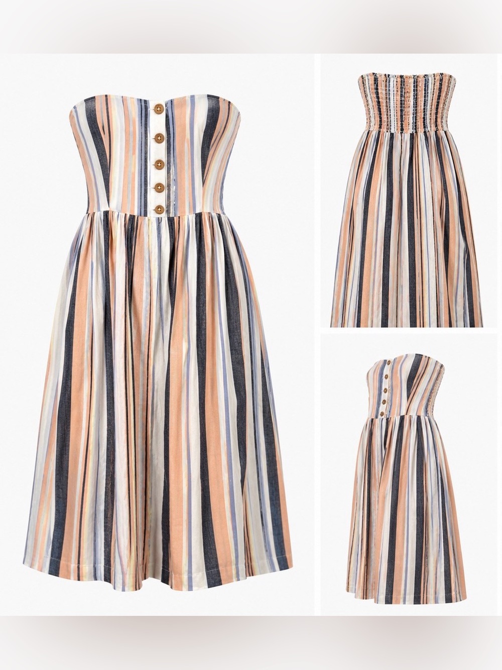 Free People Strapless Striped Midi Dress Smocked Back Cotton Sundress Size Small